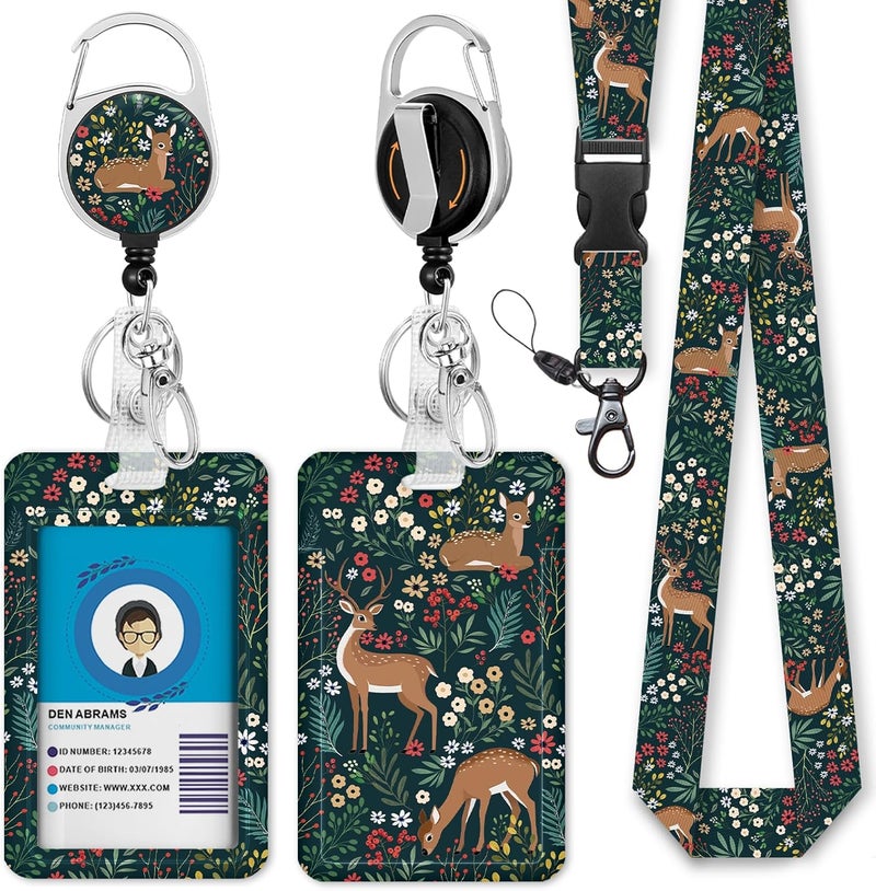 GIANCOMICS Floral Animal Lanyards for Id Badges, Flower ID Badge Holder with Retractable Reel, Cute Lanyard with Key Keychain Carabiner Clip Name Tag Card Holder for Teacher Women Work Office - Image 1